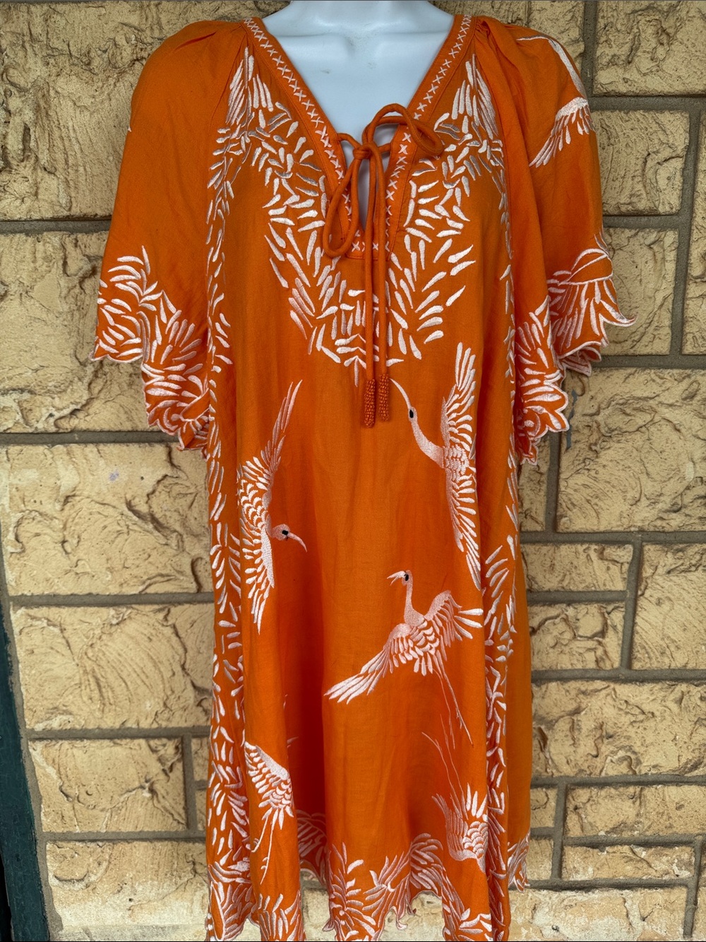 Sundance Orange Boho Tie-Neck Dress with White Crane Print Size Med Beach Cover